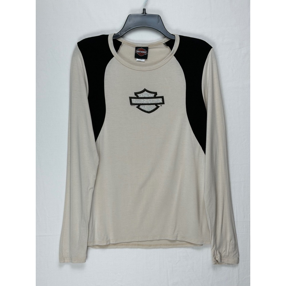 Harley-Davidson Women Top L Cream Black Rhinestone Logo Long Sleeve HT4861OAT